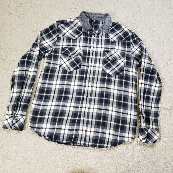 Diesel Shirt Men L Black White Plaid Pearl Snap Slub Distressed Western Cowboy - Picture 2 of 12